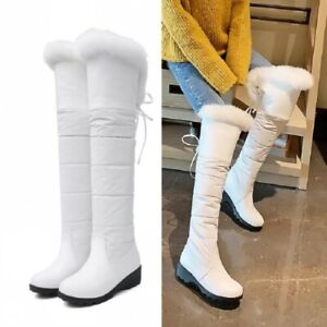 Women Snow Winter Warm Fur Trim Low Heel Over Knee High Boots 34-43 Tie Up Chic