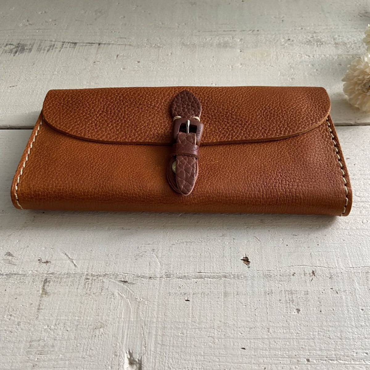 Sale Domestic Leather Long Wallet Wood Buckle Made In Japan Brown