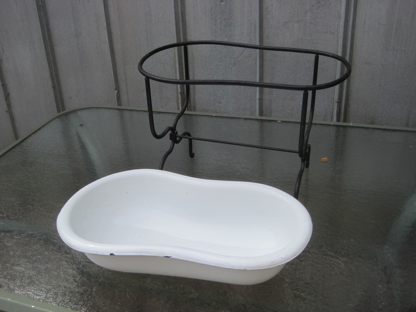 Vintage Porcelain Enamel Metal Baby Bathtub Wash Basin w/ Wrought Iron Base 7293 eBay