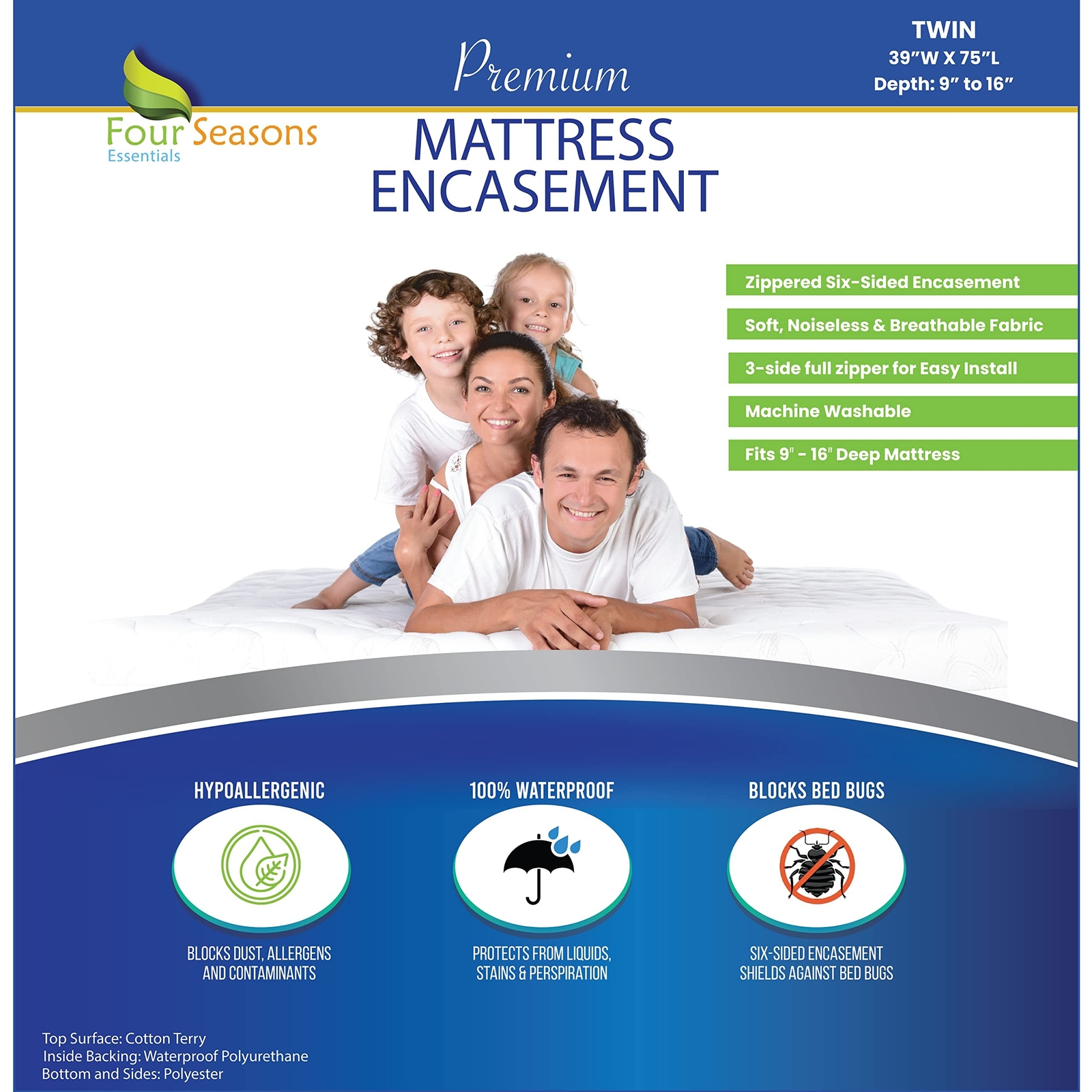 Mattress Protector Twin Size - Zippered Waterproof Mattress Cover - Hypoaller...-image