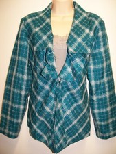 Additions By Chico's Size 2 Teal Woven Tweed Plaid Ruffled Lapel Lined Jacket