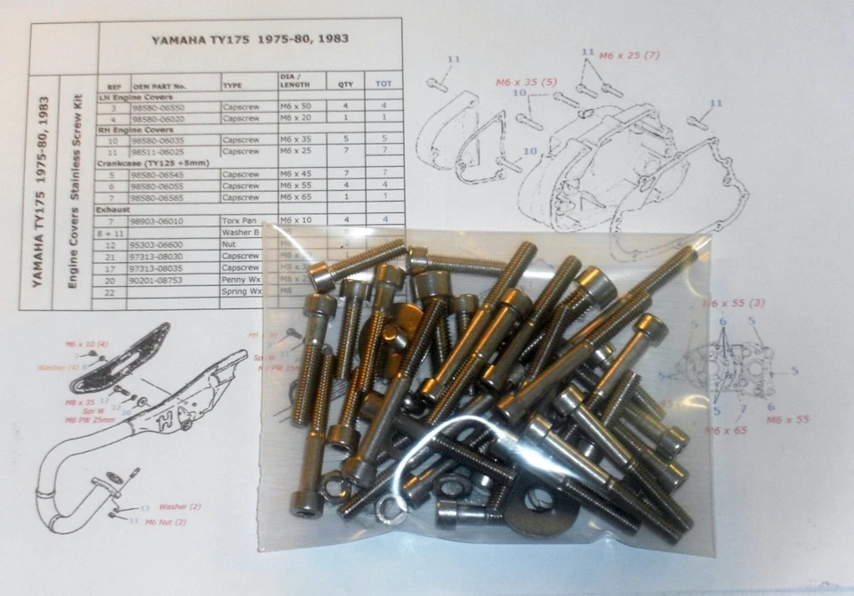 Yamaha TY175 1975-80 y Ty125 Cilindro Motor Escape Acero Inoxidable Allen Tornillos Kit Foto 2 de 4