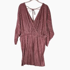 Asos Faux Wrap Front Pleated Mini Dress Pink Mauve Dolman Sleeve US 16 UK 20