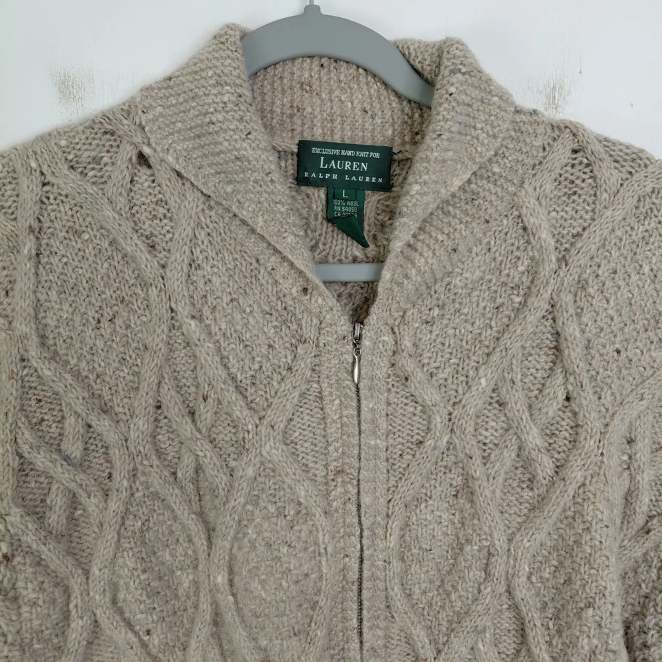 Suéter Lauren Ralph Lauren Mujer Grande Tejido a Mano Lana Cremallera Avena Tejido con Cable Foto 3 de 4