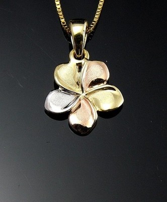 11MM MASSIV 14K DREIFARBIGES GOLD HAWAIIANISCH AUSGEFALLEN PLUMERIE BLUME ANHÄNGER CHARM