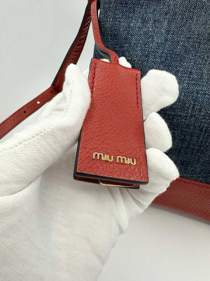 MIU MIU Madras Hobo Bucket Denim and Leather 2 Way Shoulder Crossbody Bag - Image 4 of 4