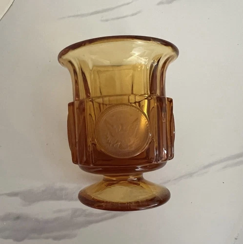 VINTAGE FOSTORIA COIN GLASS AMBER TOOTHPICK HOLDER - LIBERTY BELL, EAGLE