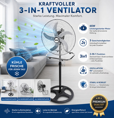 3in1 Metall Ventilator 65W Stand Tisch Wandventilator 3 Stufen Luftzirkulator