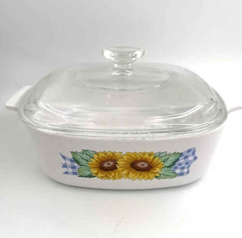 Corning Ware Sunsations Sunflower 2 Liter Casserole Dish A-2-B w/Pyrex Lid A-9-C