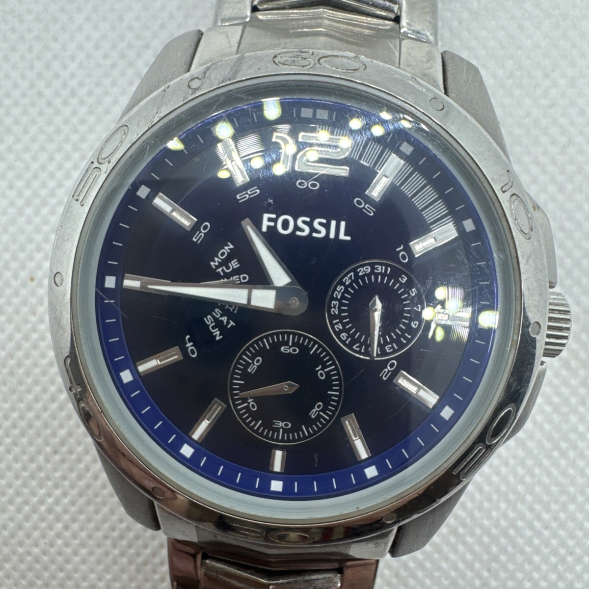 Fossil Blue BQ-9346 Mens Watch Blue Dial Multifunction Stainless