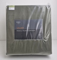 M&S Velvet Pencil Pleat Curtains Size W168 x L229 cm Light Green Lined New