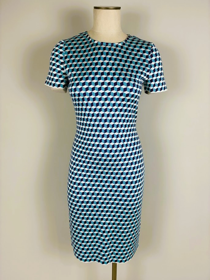 St. John Knits Geometric 3D Cube Print Sheath Dress - Blue/White/Purple - Size 4