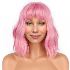 Short Bob Pink Wigs with Bangs for Women Loose Wavy Hair Shoulder Length Wigs 