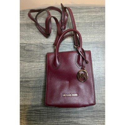Michael Kors Mercer Extra Small Pebbled Leather Crossbody Bag Burgundy Gold MK