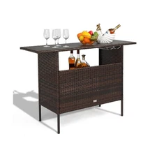 VINGLI Wicker Outdoor Bar Table with 2 Steel Shelves, Sets of Rails, Rattan P...