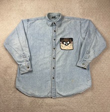 Vintage 90s Warner Bros Studio Store Denim Shirt Mens L Cotton Tasmanian Devil
