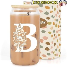 Aesthetic Monogrammed Glass Cup W/ Lid Stainless Steel Straw Gifts Women New