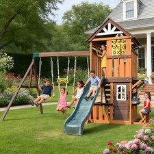 Wooden Kids Swing Slide Set Playhouse Kitchen, Rock Wall Outdoor Playground