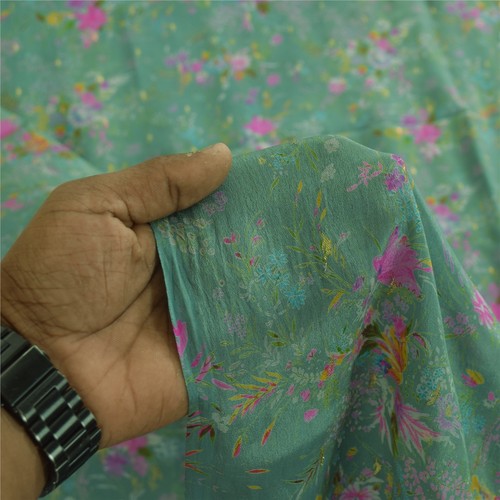 Sanskriti Vintage Sarees Sea-Green 100% Pure Silk Printed Sari 5+Yd Craft Fabric - Picture 6 of 11