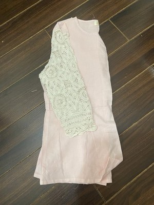 New Wen Women s Pink Cotton Top with Lace Sleeves S