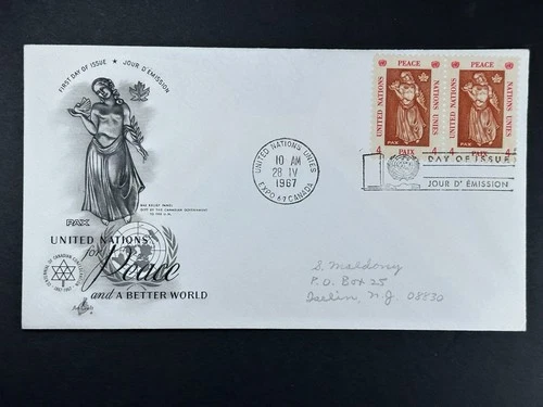 UN FDC 1967 Expo 67 Canada United Nations Pair Peace ArtCraft b215