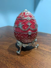 Sankyo "Cherish" Music Box Egg Revolving Bouquet Red Enamel Jeweled Inlay 6 “