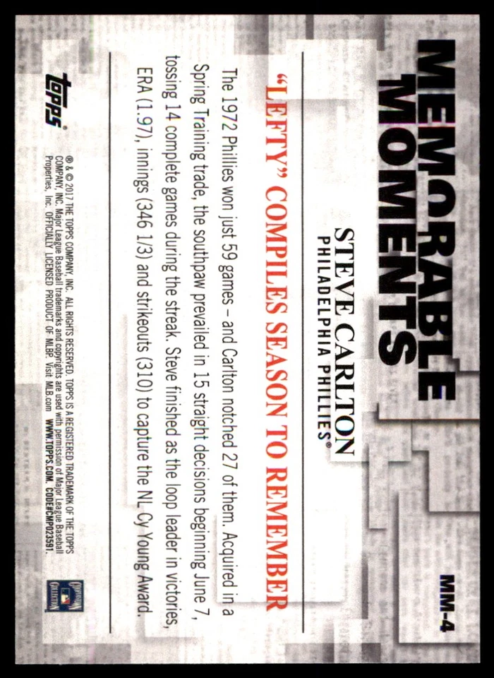 Steve Carlton 2017 Topps #MM-4 Phillies MLB READ FREE SHIPPING AutographDen - Image 2 of 2