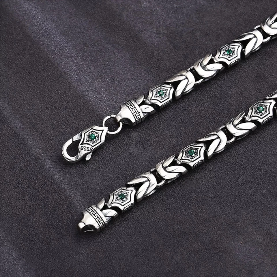 Colar bizantino masculino corrente prata esterlina 925 sólido zircão verde 80 g/25 polegadas - Imagem 3 de 4