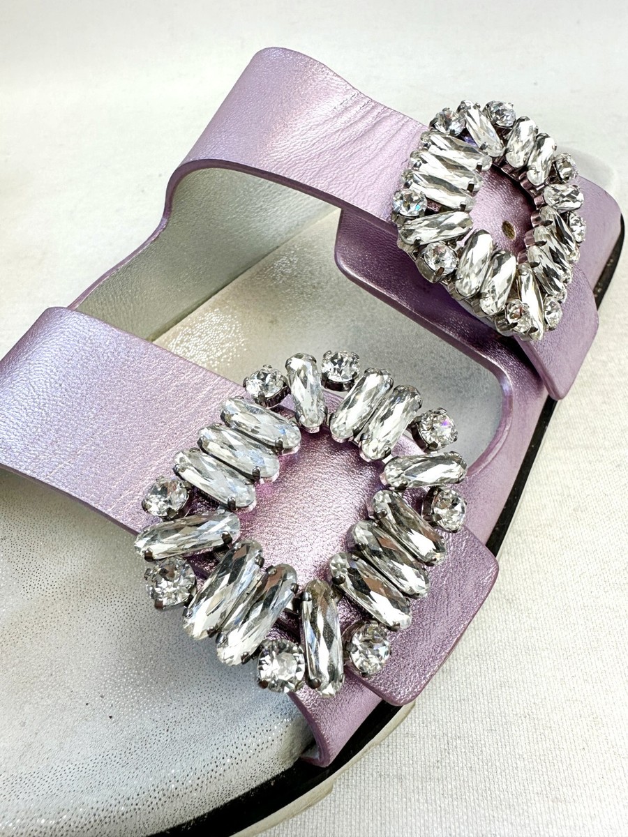 Mules Roger Vivier 'Slidy Viv' - Taille 39, Cuir Violet Métallisé, Boucle Strass - Occasion Très Bon état