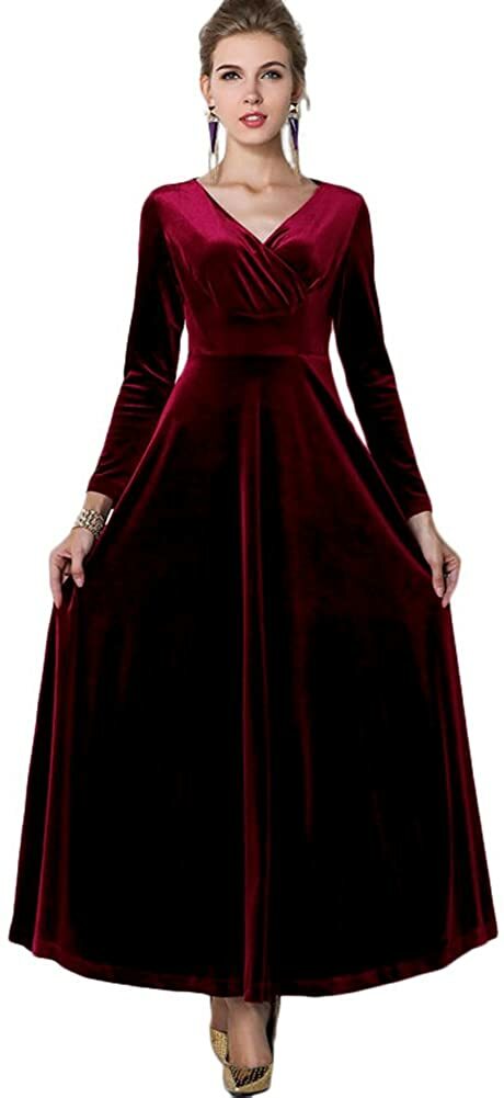V-Neck Velvet Stretchy Long Dress | eBay