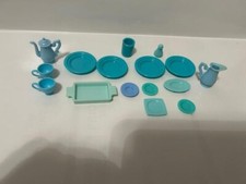 1990s Barbie turquios and blue kitchen accessories; plates, cups, coffee pot...