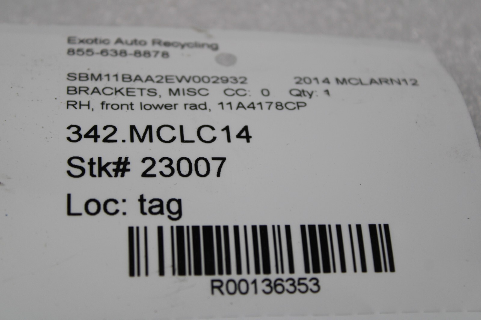 McLaren MP4-12C, RH, Right, Front Lower Radiator Bracket, Used, P/N 11A4178CP