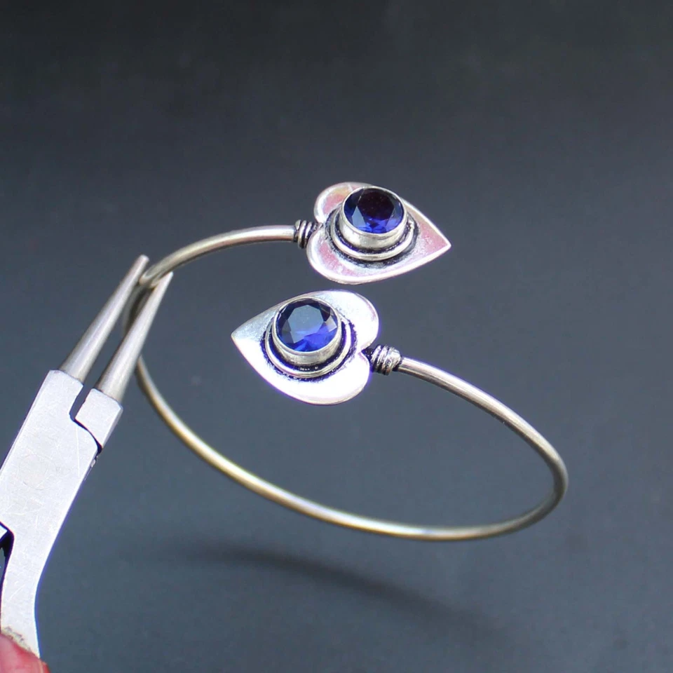 Brazalete Brazalete Zafiro Azul Brazalete Chapado en Plata 925 Joyería 2.5" Foto 3 de 4