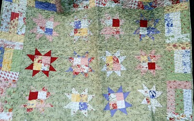 Calico Cotton Patch Work Light Pink and Green Star Handmade Quilt 