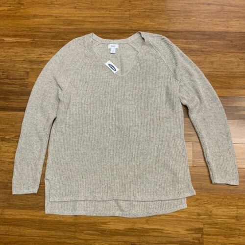Old Navy V-Neck Sweater Womens XL Beige Knit Top Long Sleeve Casual Pullover NWT