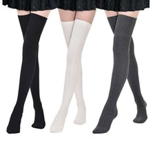 3 Pairs Solid Color High Elastic Women's Girls Cotton Stockings Long Thigh Socks