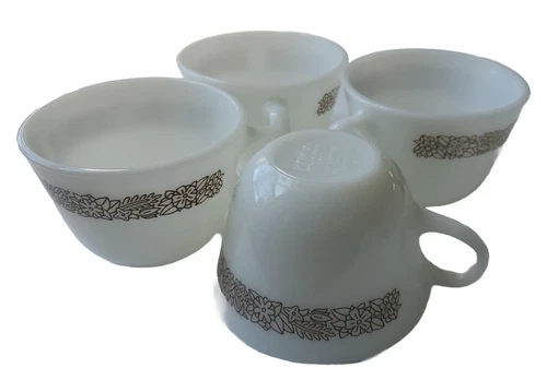 Pyrex Coffee Cups Woodland Corelle Corning Milk Glass Set of 4 Vintage 