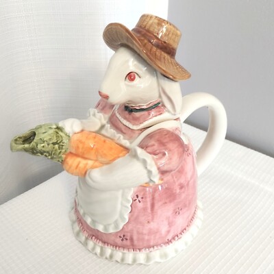 Rabbit Teapot Carrot Spout Pink Dress Woven Hat Decorative Easter Spring READ