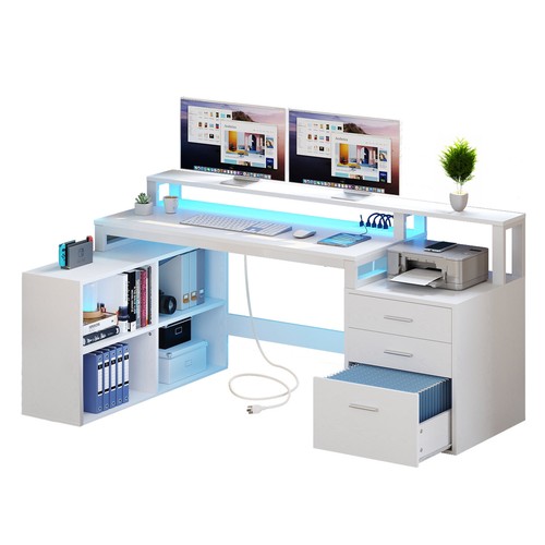Dextrus 65" L Shaped Desk with Power Outlets and Monitor Stand , Computer Desk - Picture 7 of 10