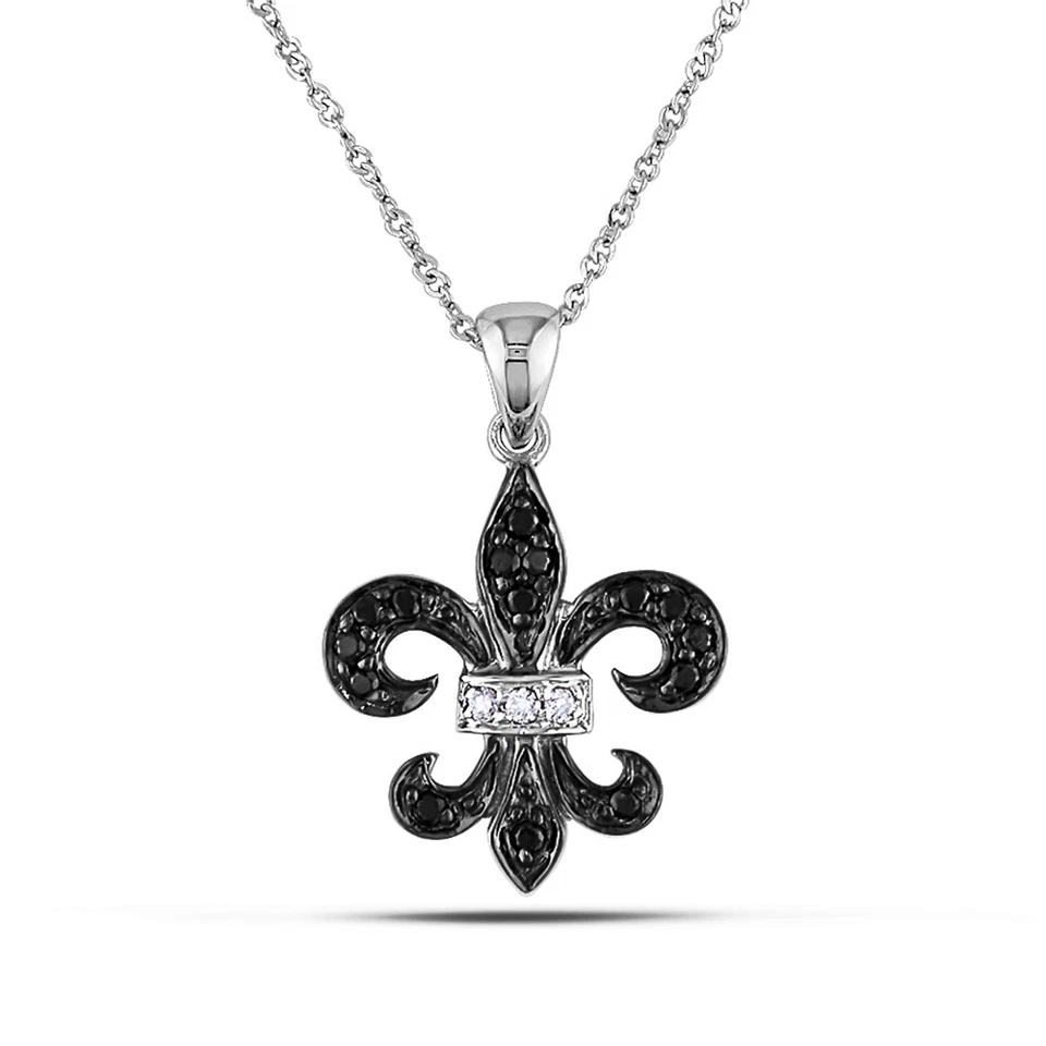 Colgante Amour Oro 10k 1/8CT Diamante Blanco y Negro Flor De Lis con Cadena