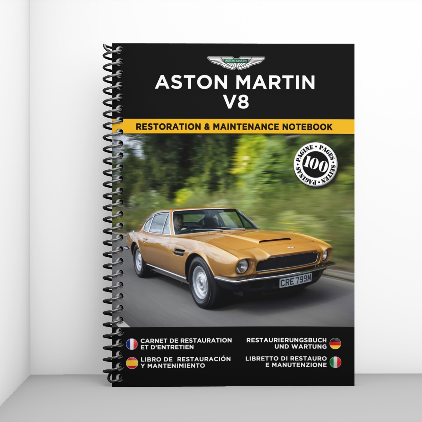 Aston Martin V8 carnet de restauration de prestige sous couverture rigide en cuir noir