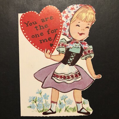 Vtg Valentine DieCut Card Cute Girl Scarf Pretty Dress Pinafore  U R  The 1 4 Me