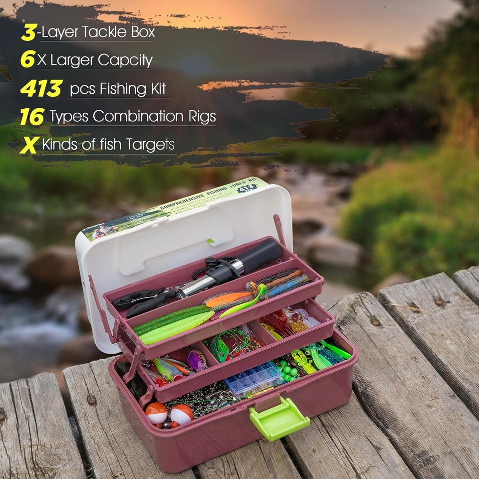 Fish Collection Kit 413Pcs Fishing Lures Kit 3 Layers Tackle Box with Tackle Fishing Gear ...
