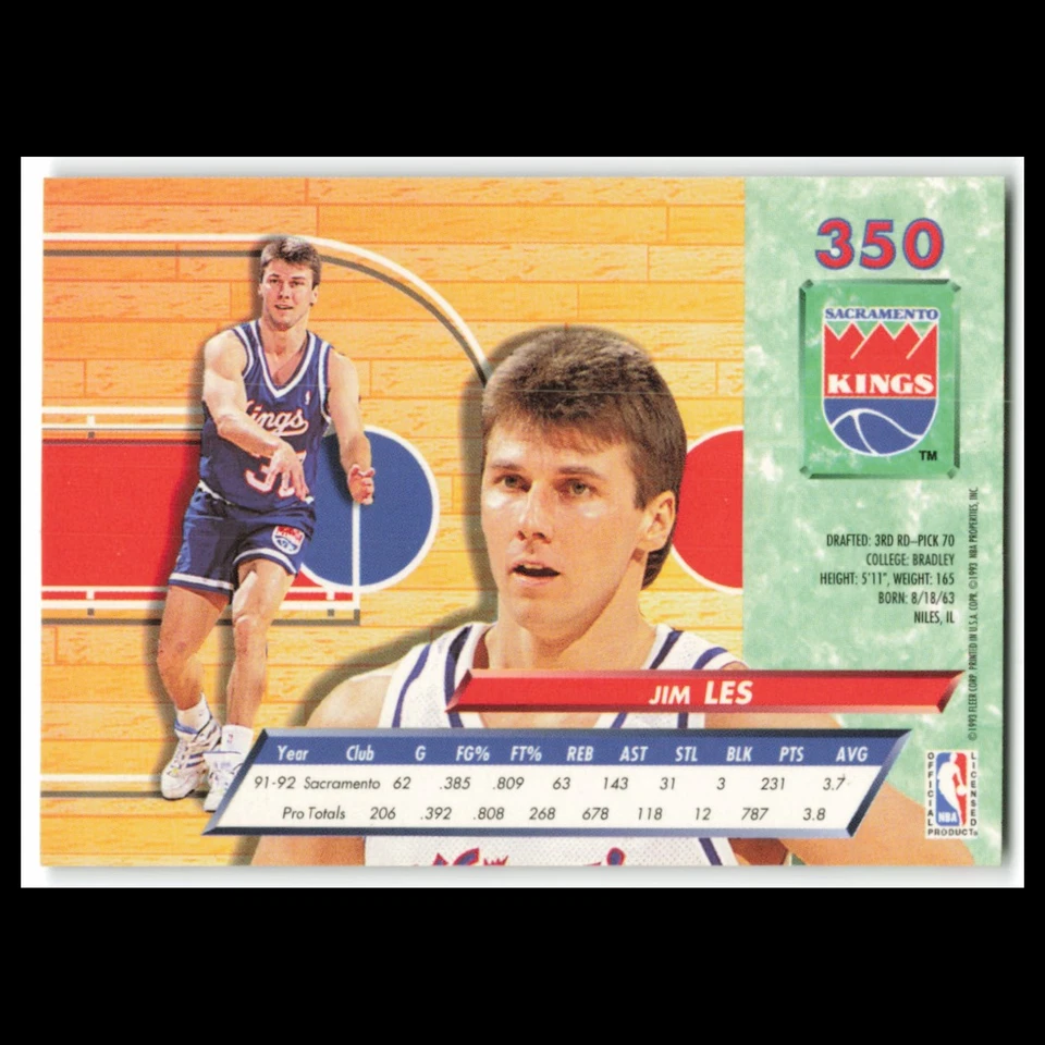 Jim Les #350 1992 Fleer Ultra Sacramento Kings Basketball Card NBA NM - Image 2 of 3