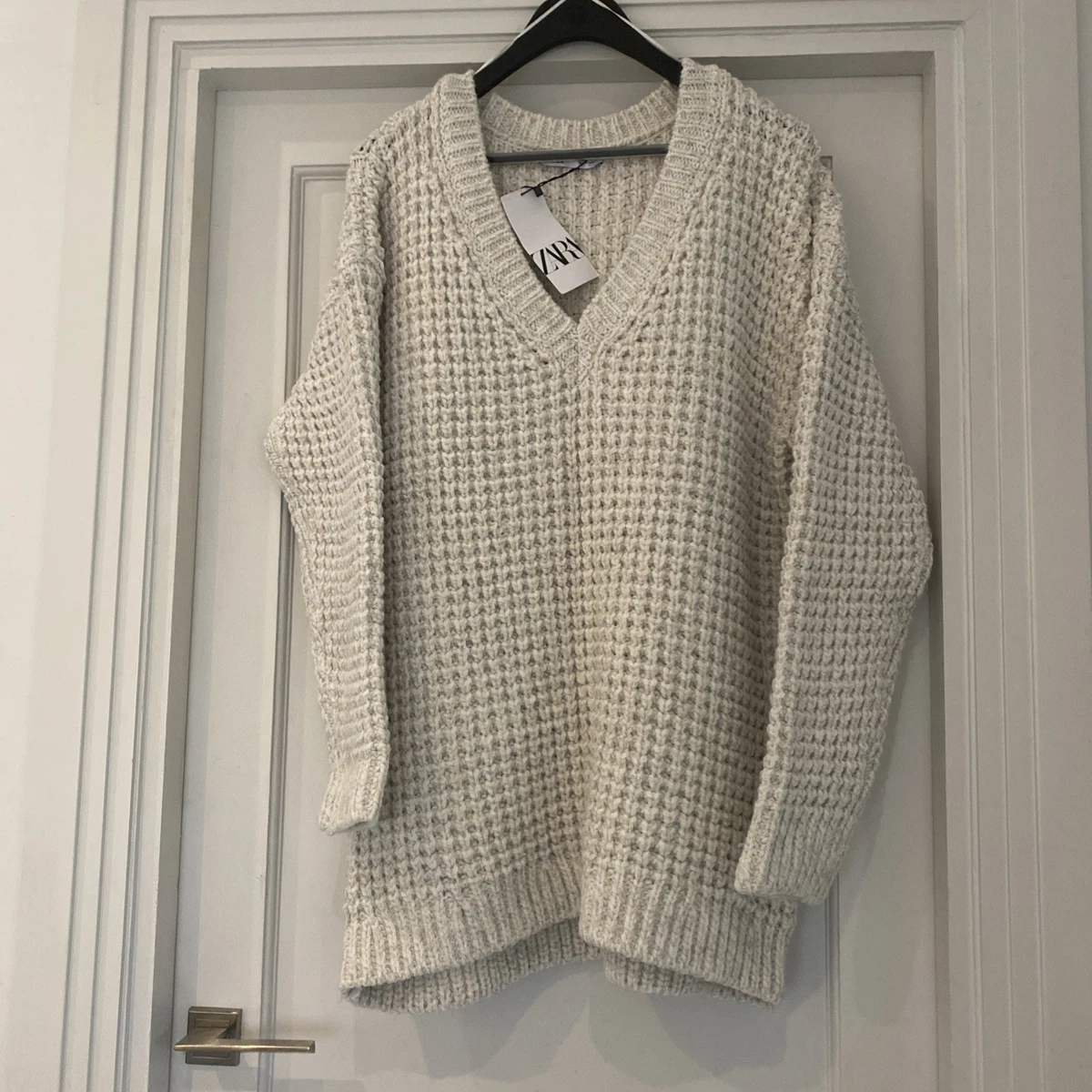 ZARA Cream Wool Chunky Knit V-Neck Oversized Relaxed Fit Jumper Size L NEW TAGS