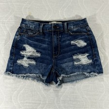 Mudd High-Rise Shortie Denim Shorts Distressed Frayed Hems Sz 5 FLX Stretch