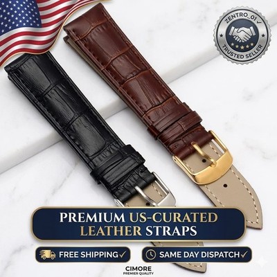 12-24 MM Watch Band Strap Genuine Leather Alligato Deployant Clasp Buckle Black