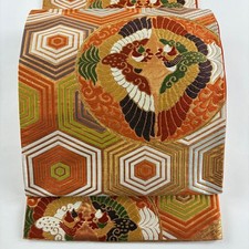 Japanese Silk Fukuro obi Kawai Bijutsu Orimono Orange Kansai Shitate Tou Ori 854