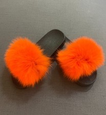 NWOB Vibrant Orange Fluffy Faux Fox Fur Slide Sandals Size 40 (Fits US 8-8.5)