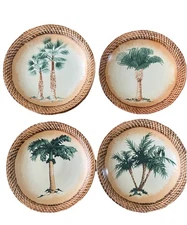 Vintage Painted Hand Palm Tree Decorative 8” Plates - Lot Of 8